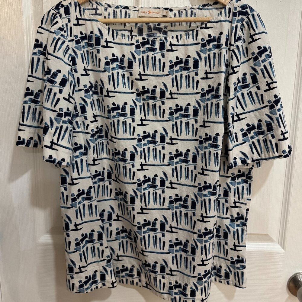 Tory Burch Printed Bateau Blue & White Blouse